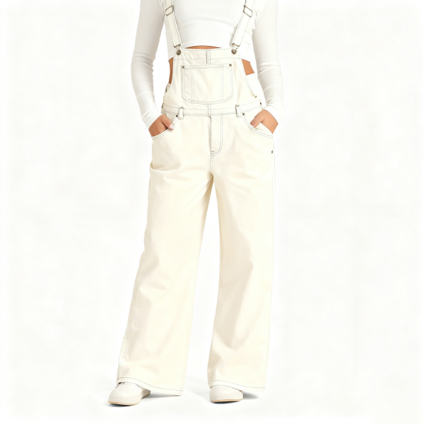 Ivory Denim Overalls Wide-Leg Pants