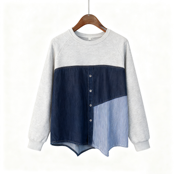 Light Gray Denim & Stripe Patchwork Sweatshirt
