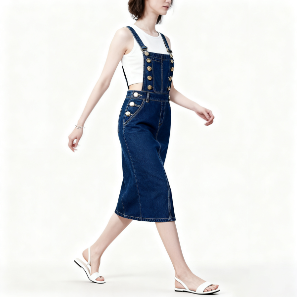 Dark Denim Overalls Midi Skirt