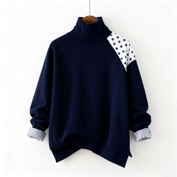 Navy Polka Dot Accent Turtleneck Sweatshirt