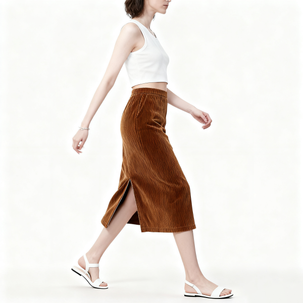 Brown Corduroy Side-Slit Midi Skirt
