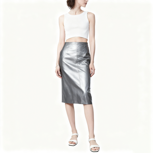 Silver Metallic Faux Leather Midi Skirt